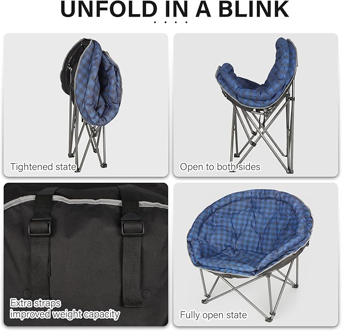 Oversized XXL Folding Round Camping ChairSuper Comfy Padded Moon Camp ChairsHeavy Duty Supports 200 Kg Outdoor Lawn Chairs for AdultsPerfect for IndoorFamily CampingHikingPicnics and Garden