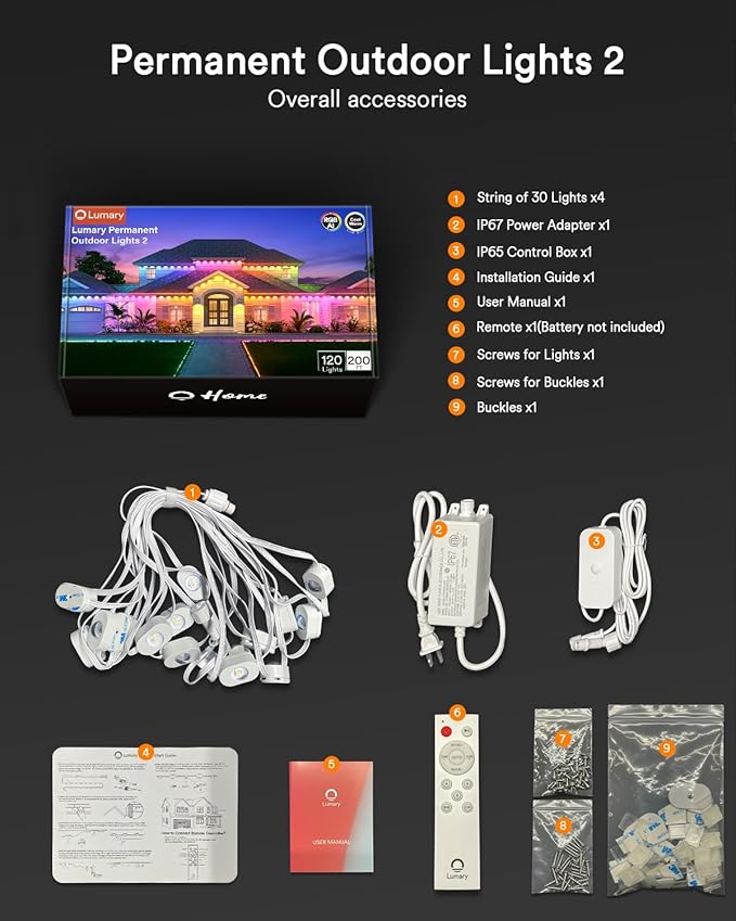 Lumary Permanent Outdoor Lights 2 with Remote for House 200ft with 120 RGBAICW LEDs 7200lm for Home Daily &amp Accent Lighting 110+ Scenes for Christmas Decor IP67 Waterproof Work with Alexa Goog