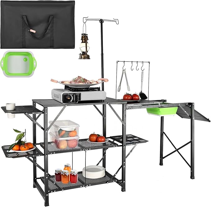 VEVOR Camping Kitchen Table with Sink Aluminum Folding Portable Outdoor Cook Station 2 Shelves &amp Carrying Bag for Picnic BBQ Beach Traveling