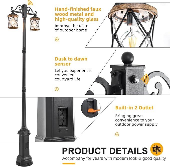 Dusk to Dawn Outdoor Lamp Post Lights with GFCI OutletDouble-Head Farmhouse Street Light FixtureAluminum Black Pole Exterior Lights Waterproof Lantern Outdoor Lighting (Heighten)