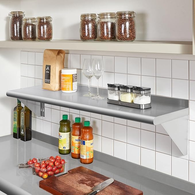 Profeeshaw NSF Stainless Steel Shelf 14” x 60” 400 lb Commercial Shelves Wall Mounted Metal Shelving with Backsplash and 2 Brackets for Restaurant Bar Utility Room Kitchen and Garage