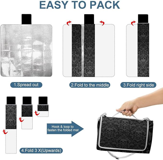 Gothic Skulls Damask Style Black White Waterproof Outdoor Picnic Blanket Sandproof Beach Mat for Camping Hiking Grass Travelling