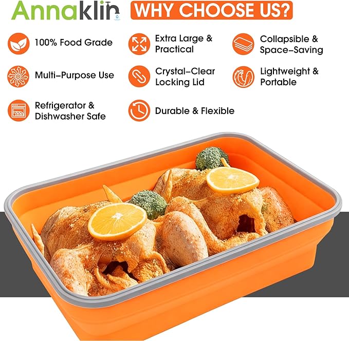 Silicone Collapsible Marinating Container with Lid for Meat 2.64Gal/10L Extra Large Collapsible BBQ Prep Tub Transparent Locking Lid XL Grill Prep Trays and Carry System BBQ Must-Have Orange