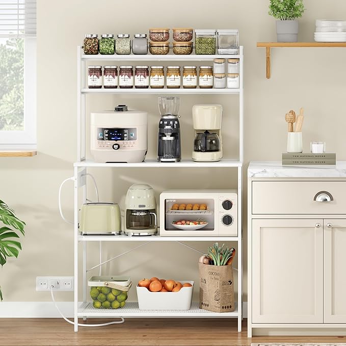 Large 5 Tier Bakers Rack with Electrical Outlets 39 Inch Microwave Stand Coffee Bar Kitchen Storage Shelf for Home Counter Space Organizer