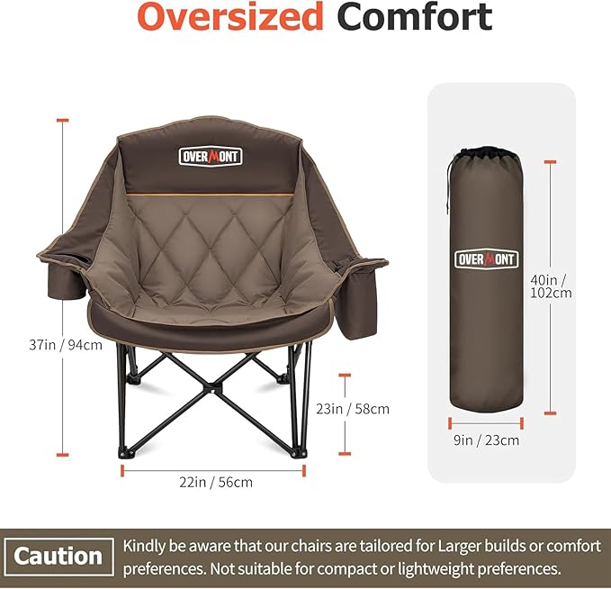 Overmont Oversized XL Camping Chair for Adults - 400lbs Support Heavy-Duty Padded Folding Chair with Side Pocket Cup Holder Cooling Bag for Outdoor Sports Garden Beach Fishing Lawn Khaki
