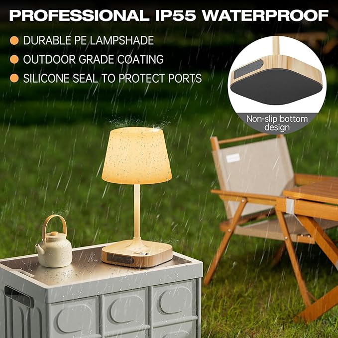 Lightbiz Outdoor Table Lamp Shower Lamp with 8000mAh Cordless Rechargeable Battery IP55 Waterproof 3 Colors &amp 5 Brightness Dimmable LED Display Bath Lamp for CampingBedroomPatioBathroom(Woo