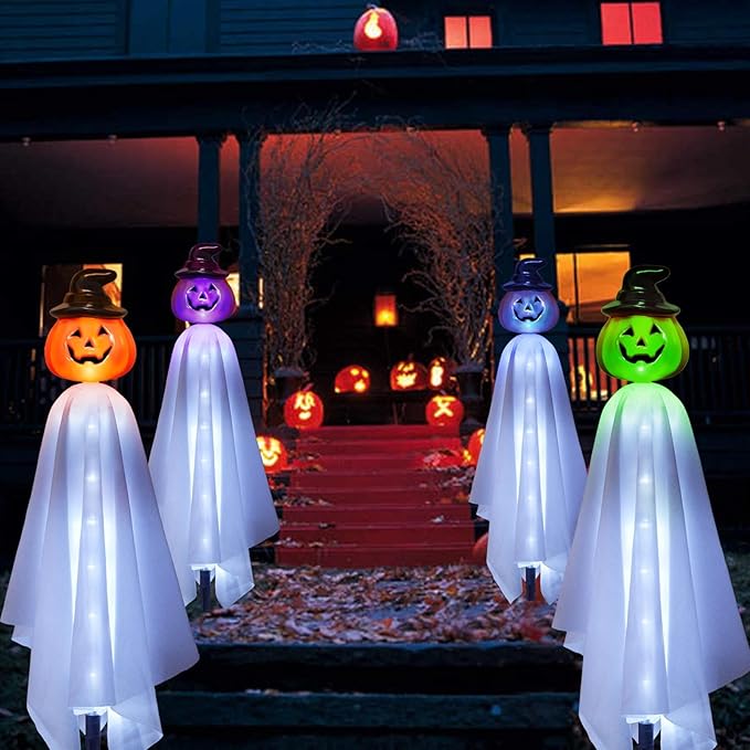 Homeleo Set of 4 Solar Pumpkin Ghost Lights for Halloween Decorations Outdoor Light up Floating Scary Ghosts Pumpkins Witch Hat Stake Lights for Porch Yard Outside Pathway Halloween Party Decor