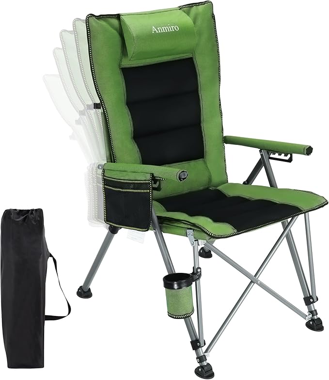 Folding Camping Chair with Cup Holder and Storage Bag Heavy Duty Support 400 LBS Oversized Collapsible Portable Adjustable Back Support Camping Chair for Outdoor (Adjustable-Green)