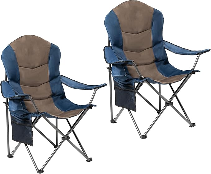 2 Pack Folding Camping Chairs for Adults - High Back Padded Outdoor Lawn Chairs with Lumbar Support &amp Cup Holder 400lbs Heavy Duty Portable Camping Chairs Set (Blue &amp Brown 2 PCS)