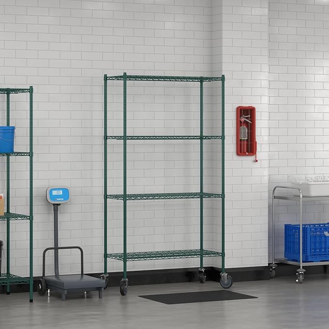 Commercial NSF Listed Green Epoxy Mobile Wire Shelving Kit 18 x 42 x 80 with 4 Shelves Perfect for Warehouse Walk-in Refrigerator Freezer Grocery Store Restaurant Dishroom