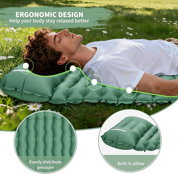 Camping Sleeping Pad Connectable Design for Double Mat Ultralight Inflatable Sleeping Mat with Pillow Built-in Foot Pump Portable Camping Air Mattress for Backpacking Hiking Tent (Green)