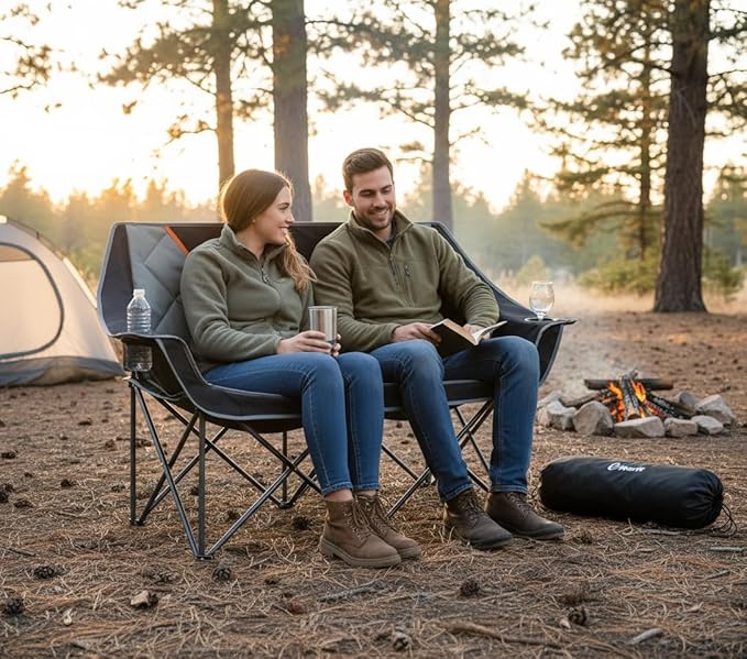 EMERIT Oversized Fully Padded Camping Chair Heavy Duty 650LB Folding Camping Loveseat Quad Fold Double Camping Couch with Cup Holders &amp Carry Bag for Outdoor Lawn Sports Events | HIgh Back Ri
