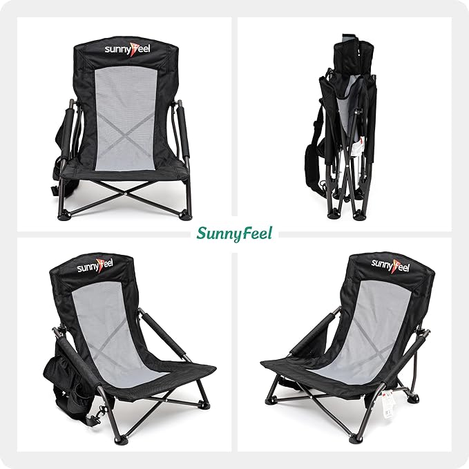 SUNNYFEEL Low Folding Beach Chair for Adults Portable Lightweight Sling Beach Camping Chairs with Cup Holder ArmrestFoldable Camp Lawn Chair for Outdoor Sand Concert Travel Sport Events300LBS