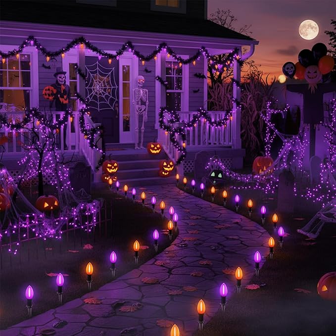 Halloween Pathway Lights 10 Pack C9 LED Stake Lights with Purple &amp Orange Bulbs 19.5ft Extendable Outdoor Walkway Lights for Garden Yard Driveway Porch &amp Sidewalk Halloween Decorations