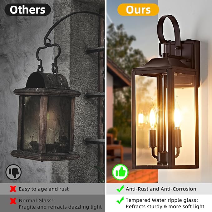 OKELI 17.6 2-Pack Dusk to Dawn Outdoor Lighting Large Exterior Porch Lighting 2-Light Farmhouse Outside Lantern Lights with Clear Glass Waterproof Wall Sconces Lamp for House Garage Brown