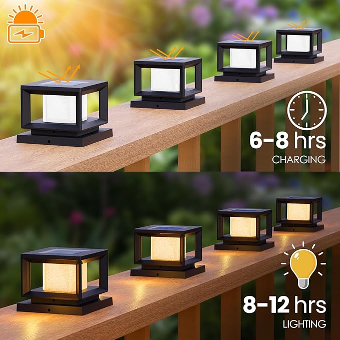Mlambert 8 Pack Solar Post Lights Outdoor Waterproof Fence Cap for Deck 4x4 6x6 Wooden Vinyl Outdoor Lights with Shinning Effect Black