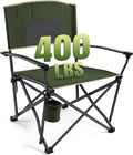 Oversized Folding Camping Chairs for Adults Heavy Duty Camp Chair Support 400 LBS Steel Frame Metal Arm Lawn Chairs with Swivel Cup Holder &amp Hollow Backrest Extra Large Outdoor Chairs Green