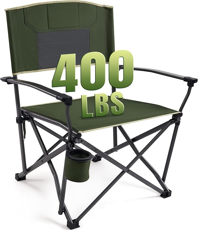 Oversized Folding Camping Chairs for Adults Heavy Duty Camp Chair Support 400 LBS Steel Frame Metal Arm Lawn Chairs with Swivel Cup Holder &amp Hollow Backrest Extra Large Outdoor Chairs Green