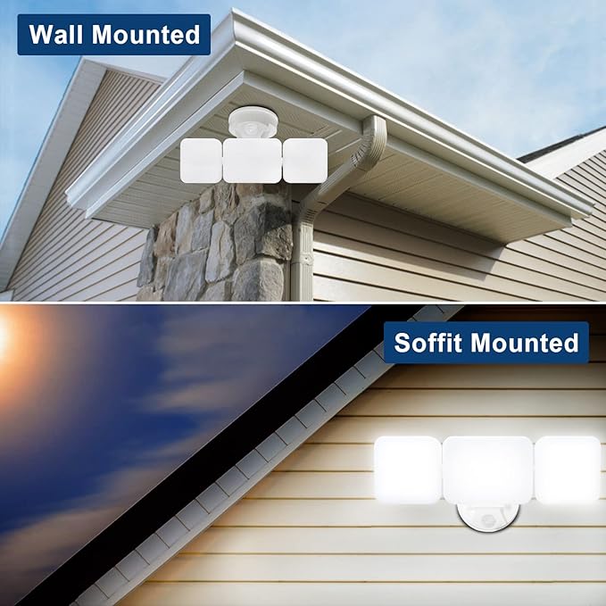 EMANER Outdoor Motion Sensor Flood Light 100-130V Corded 45W 4500lm 5000K LED Security Wall Light Wired for Porch/Garage/Yard (2-Pack White)