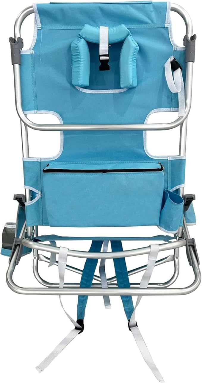 Ostrich The Deluxe Backpacker Portable Beach Chair with Cooler Bag Carry Straps Umbrella Carry System Cup Holder &amp 275lb Capacity Light Blue