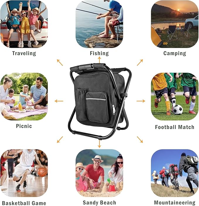 Kikerike Backpack Stool Cooler Chair Heavy Duty 300 LBS Max Load Portable Lightweight Folding Fishing Cooler for Camping Hunting Fishing - Black