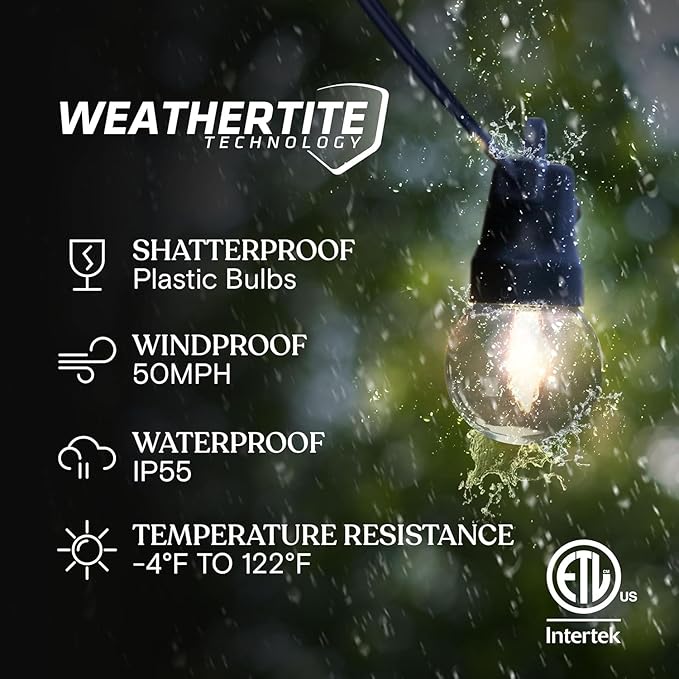 Brightech Ambience Pro 27 Ft Solar Powered Outdoor String Lights - Commercial Grade Waterproof Patio Lights Withn Edison Globes Shatterproof LED String Lights for Patio - 1W Warm White 12 Bulbs