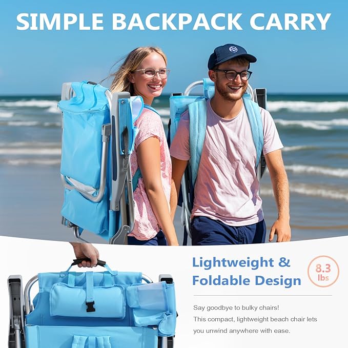 5-Position Aluminum Lay Flat Backpack Beach Chair 2 Pack Compact Portable Low Beach Chairs for Adults Beach Chair with Cooler Pouch Storage Pouch Towel Bar Cup Holder Blue