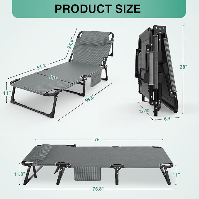 Suteck Folding Camping Cot Adjustable 5+2 Positions Reclining Portable Outdoor Cot Heavy Duty Sleeping Bed Cots w/Pillow Mat Carry Bag Chaise Lounge Chair for Home Office Nap Beach Pool Patio Travel