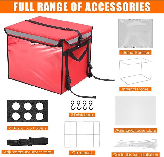 Insulated Food Delivery Bag for Bike with Rear Rack Pizza Delivery Box with Shoulder Belt and Internal Accessories Waterproof Internal Dimensions(Red18.5 x 13 x 13 Inches)