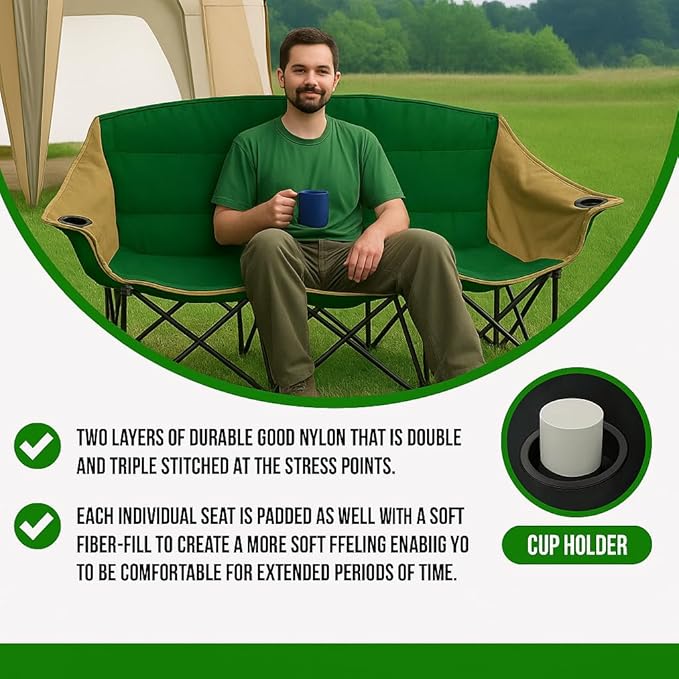 GoTEAM! Portable Folding Bench Couch – 3 Seat Collapsible Outdoor Chair with Cup Holders &amp Carry Bag – Heavy Duty 600D Nylon for Camping Sports Tailgating Beach &amp Backyard (Green/Beige)