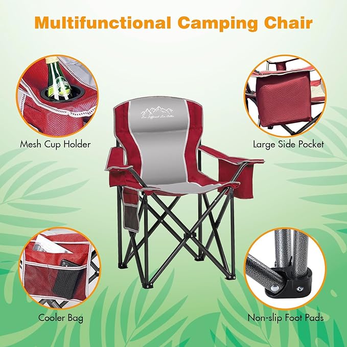 2PCS Folding Camping Chair Portable Outdoor Heavy Duty Padded Chairs Lawn Chair with Cup Holder Storage Pocket and Cooler Bag Supports 480LBS Red