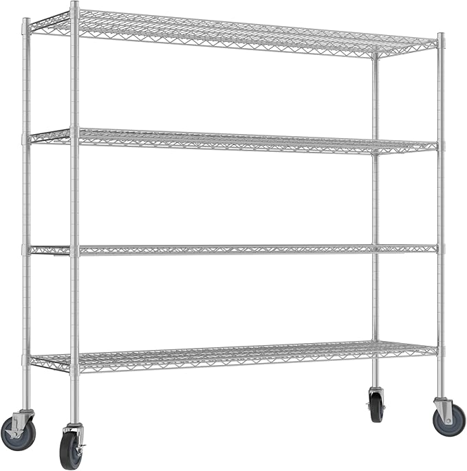 Commercial NSF Listed Chrome Mobile Wire Shelving Kit 18 x 60 x 60 with 4 Shelves Perfect for Warehouse Walk-in Refrigerator Freezer Grocery Store Restaurant Dishroom