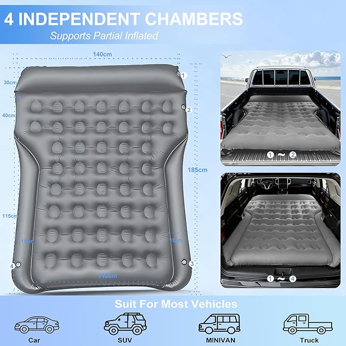 Car Air Mattress - Inflatable Camping Bed Full Size SUV Trunk Mattress Foldable Universal Car airBed Flocking Sleeping Mat for Roadtrip Travel Outdoor Tent Home (Fuzz Grey)