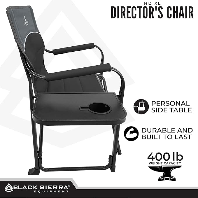 XL Directors Chair with Foldable Side Table Heavy Duty Camp Chair Supports 400 Lbs Oversize Outdoor Folding Seat with High Back and Padded Armrests for Lawn Beach Tailgating Sports (Black)