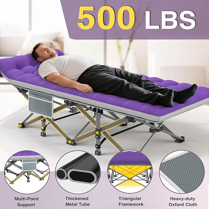 ZENPETIO 28In Folding Camping Cot for Adult Portable Sleeping Cot with Mattress Outdoor Heavy Duty Cot Bed for Camp with Carry Bag for Home Office Camp Travel Vacation-Purple