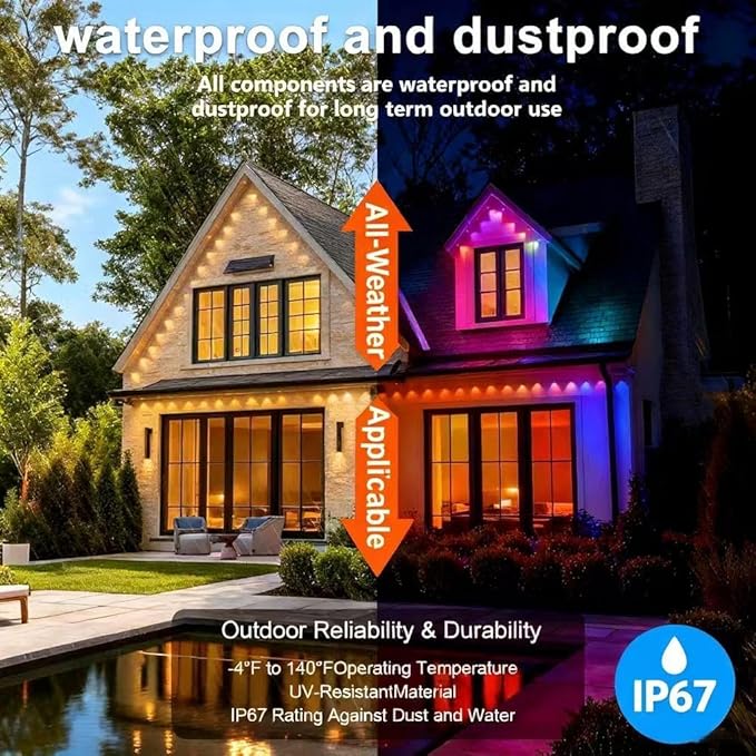 Permanent Outdoor Lights 300FT—Smart RGB Eave Lighting with App &amp Remote Control IP67 Waterproof for House Exterior Garden Holiday and Party Decor