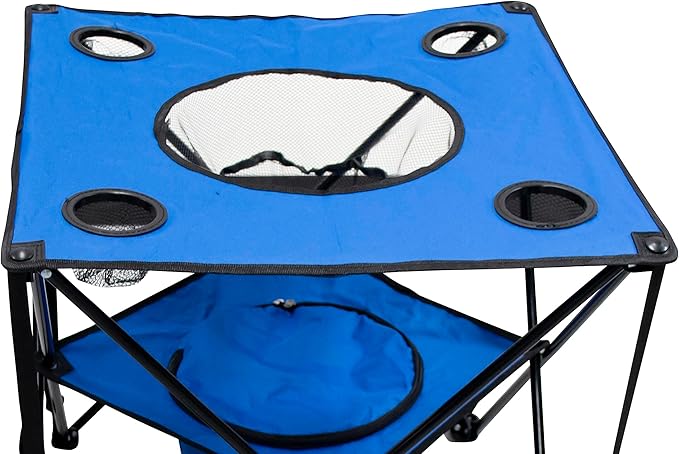 Collapsible Folding Camping Table with Insulated Cooler Cup Holder Mesh Food Basket &amp Travel Bag Blue