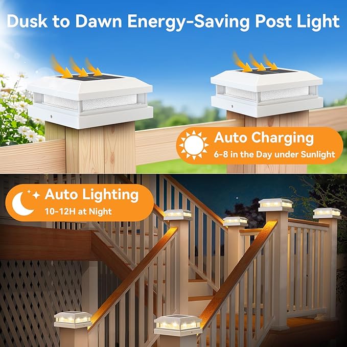 Brightever 4x4 Solar Post Cap Lights Outdoor Waterproof Solar Powered Fence Post Lights for 5x5 Vinyl/Wooden White Outside 16LEDs Warm/Cool Lighting Deck Light for Garden Patio Porch 12-Pack