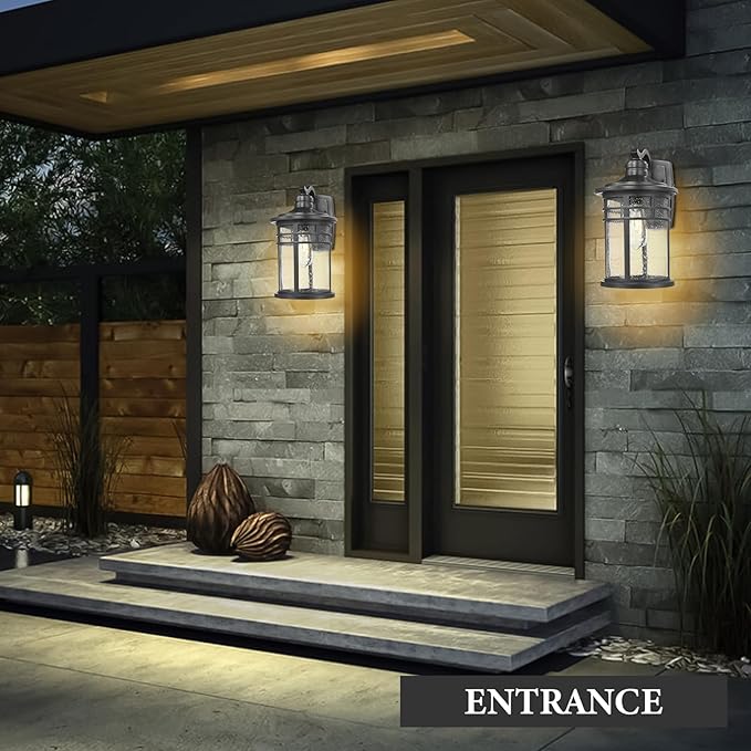 Darkaway Large Outdoor Porch Lights Wall Mount 15inch Outdoor Light Fixtures Sconces Wall Lighting with Seeded Glass Exterior Lights for Patio Yard House Hallway Doorway Garage(Large Black)