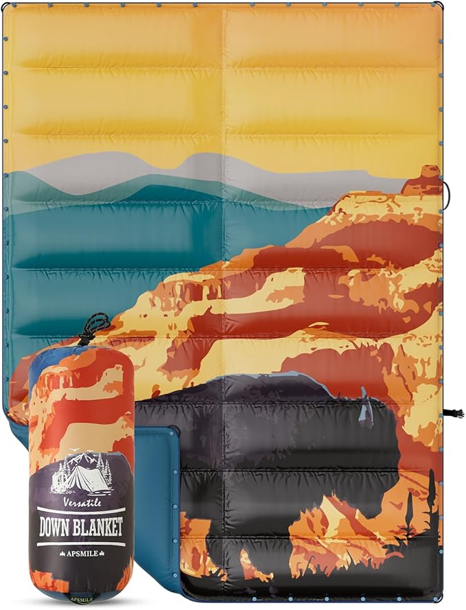 APSMILE Outdoor Down Blanket | Extra Warm &amp Puffy Camping Blanket | Water-Resistant Lightweight Packable Sleeping Quilt for Camp Travel Hiking Picnic Backpack (Canyon HD Printed 52x75)