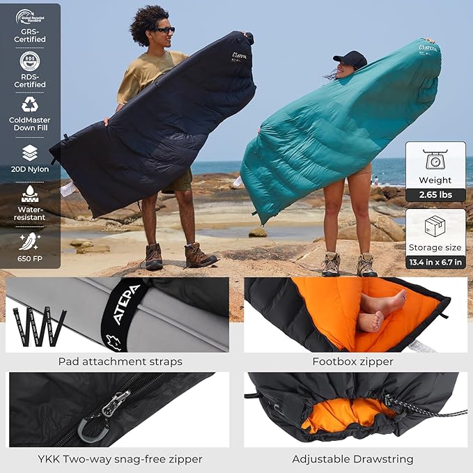 ATEPA 3-in-1 Hybrid Down Sleeping Bag for Adults Lightweight 3 Season Wearable Backpacking Sleeping Bag with Pad Attachment &amp Compact Compression Sack for Spring Summer Fall Car Camping 30°F 45°F