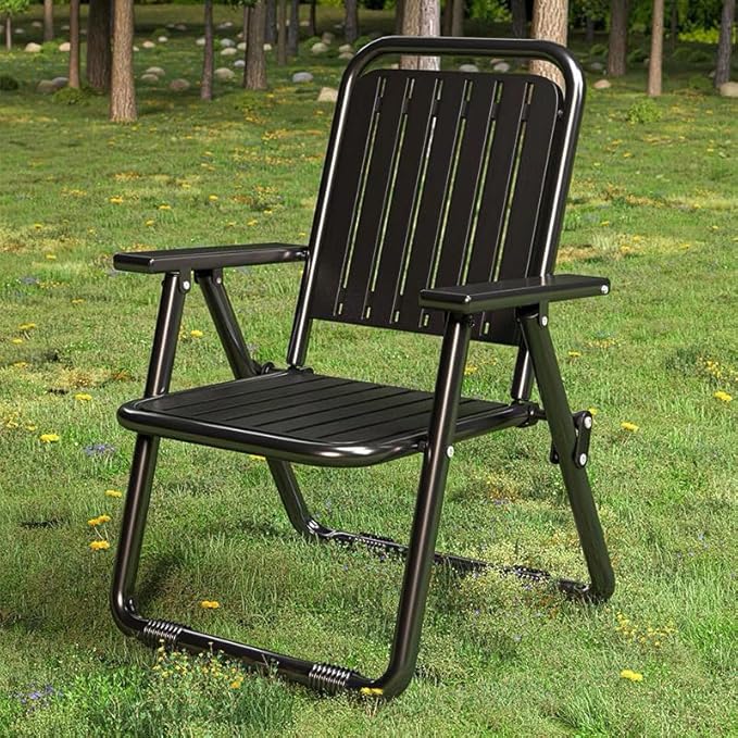 Foldable Outdoor Chair with Widening Armrests Portable Camping Beach Chair (Reinforced Black)