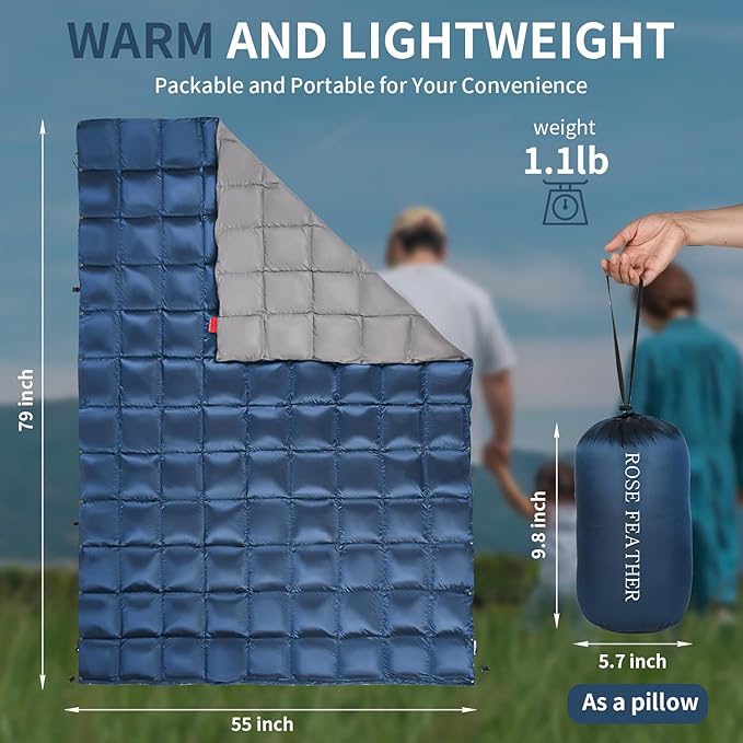 Down Camping Blanket - Lightweight Packable Warm &amp Puffy Outdoor Travel Quilt for Sleep Hiking Backpacking Stadium Festivals Water-Resistant Sleeping Bag 55x79