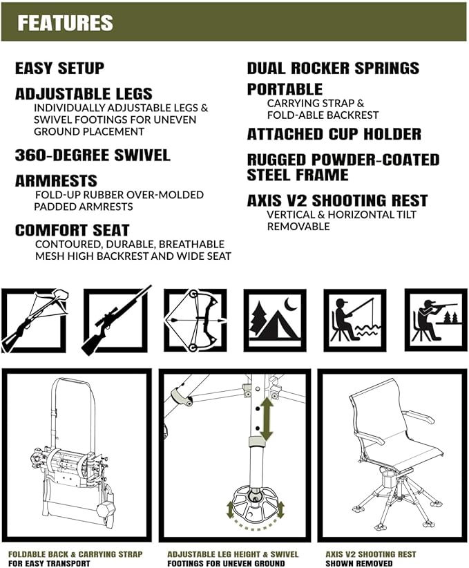 NEXCAM® AXIS SG 360 Ultimate Shooting Chair with AXIS V2 Shooting Rest. Rocking Chair. Dual-axis Swivel and Tilting Chair. Camp. Fish. Hunt. Patent Pending