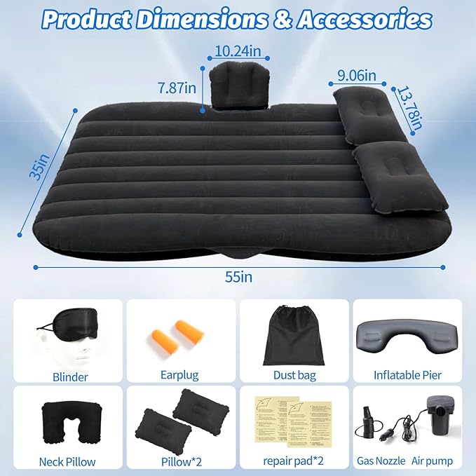 Inflatable Car Air Mattress Back Seat Bed with Air Pump55 x 35 Portable Thickened Car Travel Camping Sleeping Air Mattress Blow Up Bed for Car Universal SUV