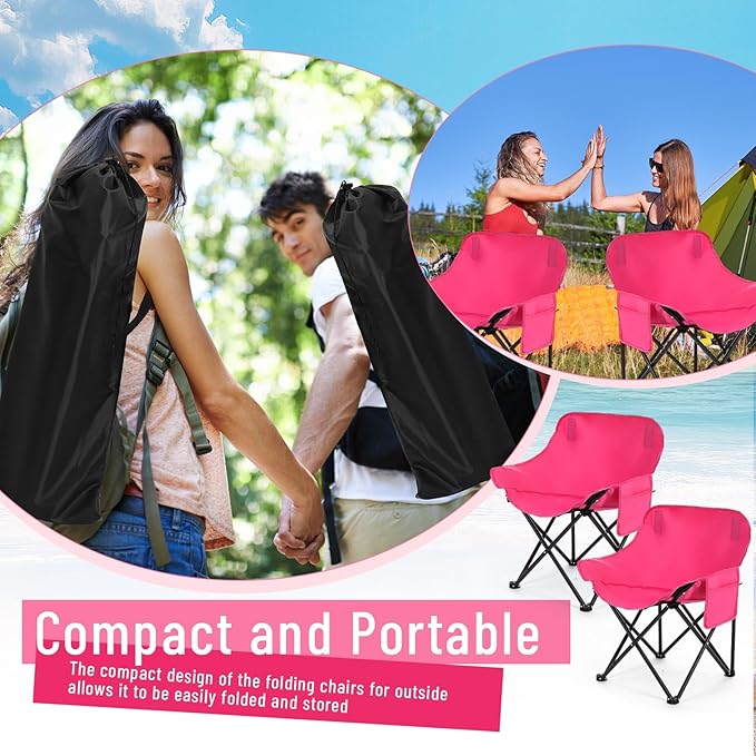 2 Pack Compact Camping Chairs Portable Folding for Outside with Carry Bag Lightweight Moon Chairs for Travel Picnic Hiking Beach Fishing 600D Oxford Supports 330lbs(Pink)