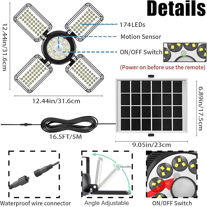 Solar Shed Light Outdoor Indoor Upgrade 1200LM 174LED 4 and 1 Heads Motion Sensor Pendant Light Solar Lights with 5 Lighting Modes Remote Control IP65 Waterproof for Barn Patio Gazebo Shop