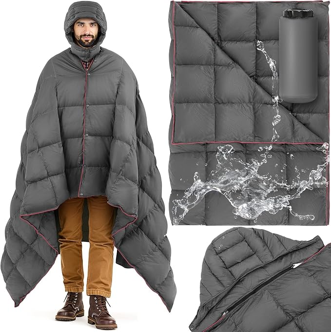 Upgraded Hooded Down Camping Blanket Waterproof 650 Fill Puffy Poncho Blanket 77 x 50 Packable Wearable Sleeping Bag with Detachable Hat Outdoor Stadium Camping 1.36 lb(Grey)