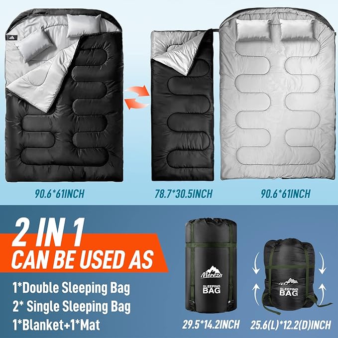 MEREZA Double Sleeping Bag for Adults Mens with Pillow XL Queen Size Two Person Sleeping Bag for All Season Camping Hiking Backpacking 2 Person Sleeping Bags for Cold Weather &amp Warm