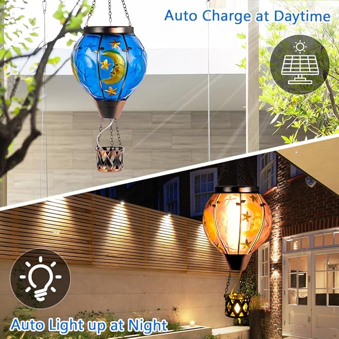 Moon Pattern Hot Air Balloon Solar Lantern with Flickering Flame  Hanging Outdoor Lantern Light Glass Waterproof Decor for Patio Porch Garden
